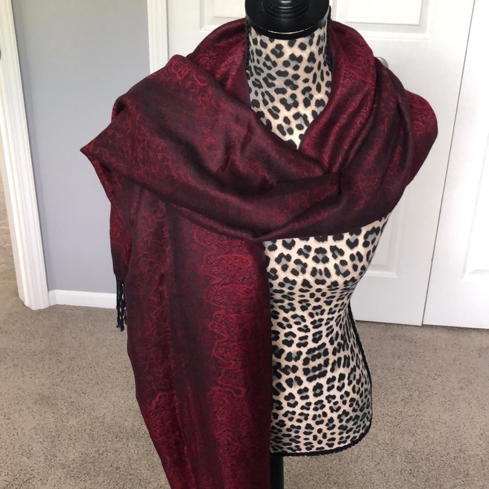 Maroon scarf/wrap with fringe detail on both ends